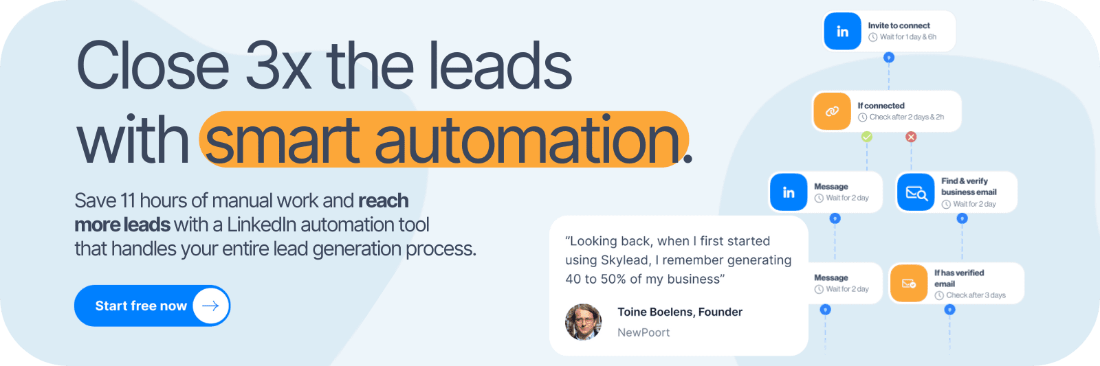 Image of Free Trial CTA banner with a Smart sequence and a quote that positions Skylead as a powerful LinkedIn automation tool for lead generation with the text ''Close 3x the leads with smart automation.