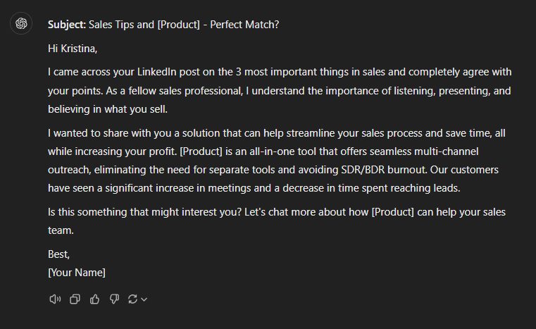 Cold email generated by Chat GPT after feeding it a LinkedIn post