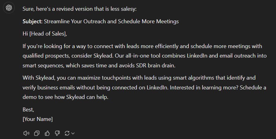 Chat GPT response to a prompt to make cold email less salesly