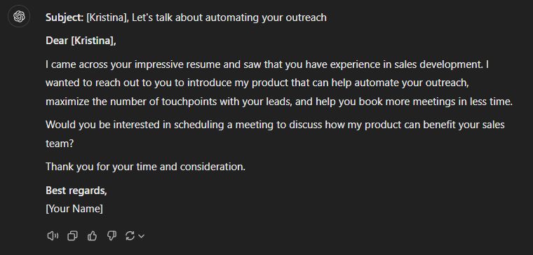 A cold email that Chat GPT generated after attaching a LinkedIn profile