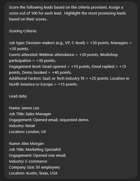 Chat GPT for sales lead scoring prompt