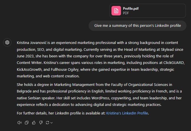 Chat GPT for sales prompt and response for summarizing LinkedIn profiles from a PDF