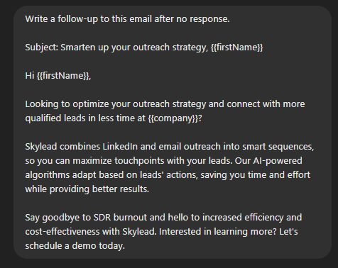 Chat GPT for sales prompt for writing follow up emails