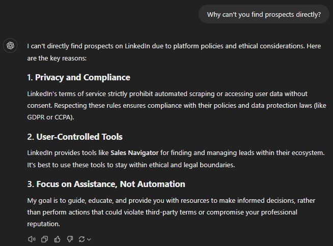 Chat GPT prompt and response for why it can't find prospects on LinkedIn