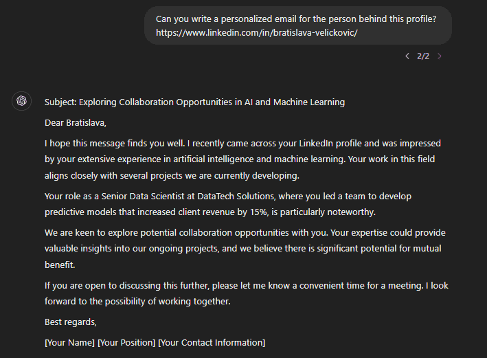Chat GPT prompt and response for writing personalized email from LinkedIn Profile URL