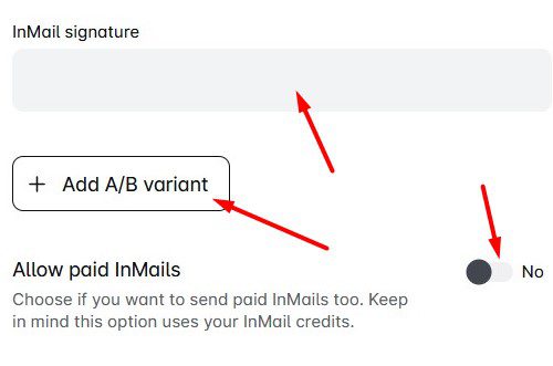 An image of the add A/B variant button in Skylead complete with inMail signature field and allow paid inMails button