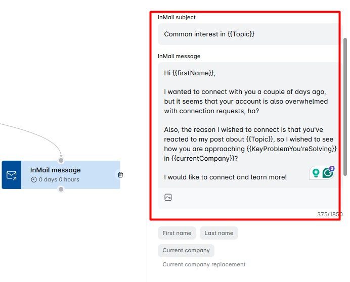 Fileds in Skylead tool where users can insert LinkedIn inMail subject line and inMail body