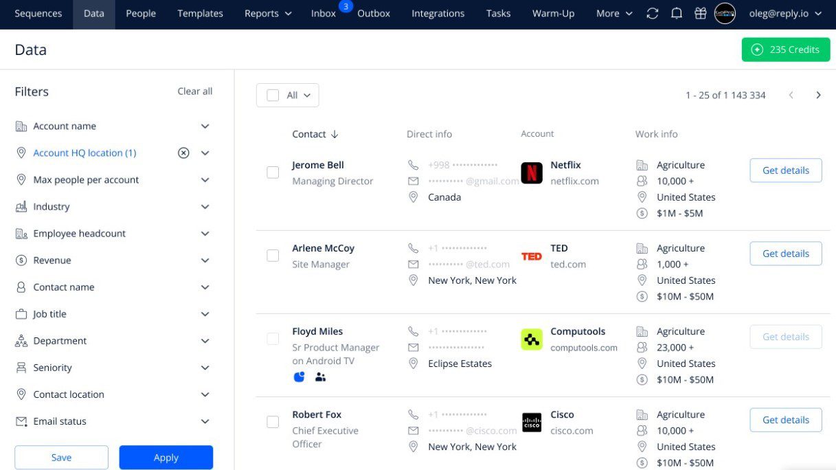 Reply io's lead database