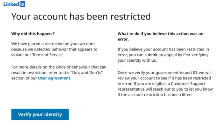 A message that pops up on LinkedIn once the account is restricted