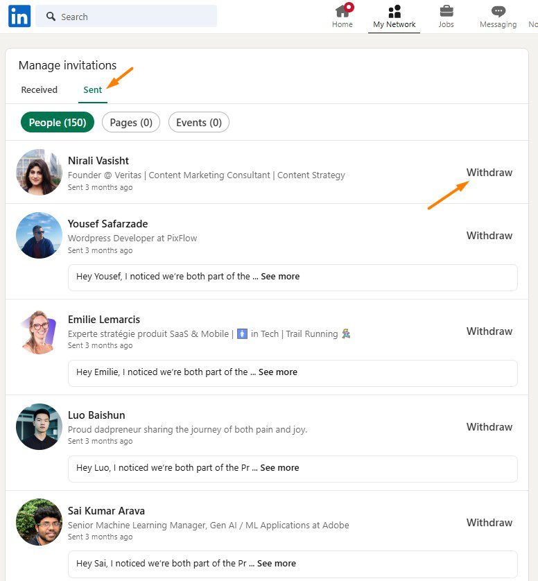 An example of how to withdraw pending invites so you can increase your LinkedIn connection limit