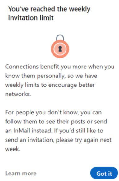 LinkedIn connection limit pop up message