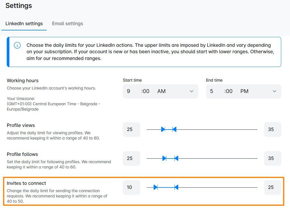 A setting in Skylead which lets you set a range for daily invite sending volume so you don't hit a LinkedIn connection limit