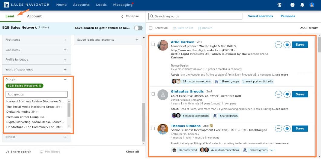 Sales Navigator search results appearance after applying the Groups filter