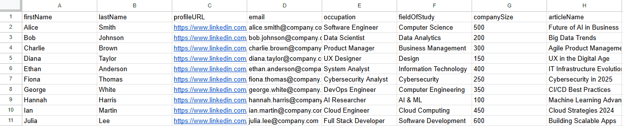 CSV file example that can be imported to Skylead and used for personalized outreach