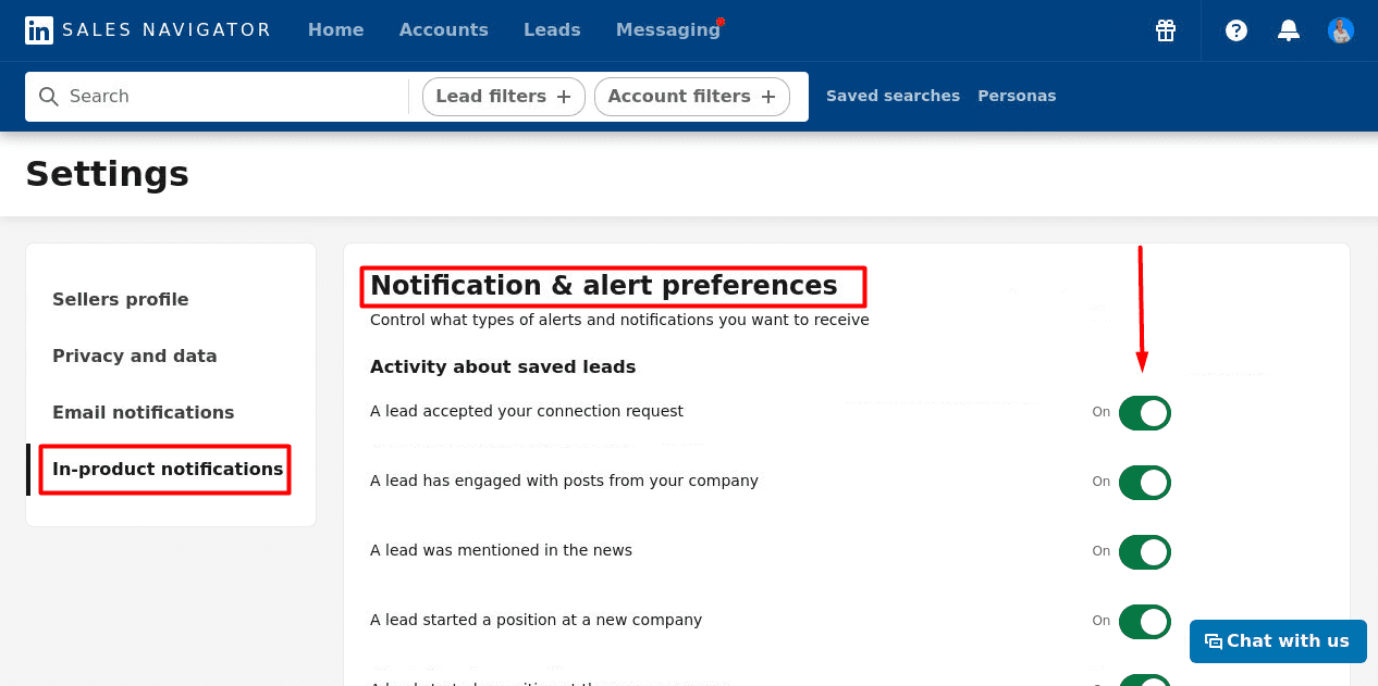 Sales Navigator, Notification & Alert preferences