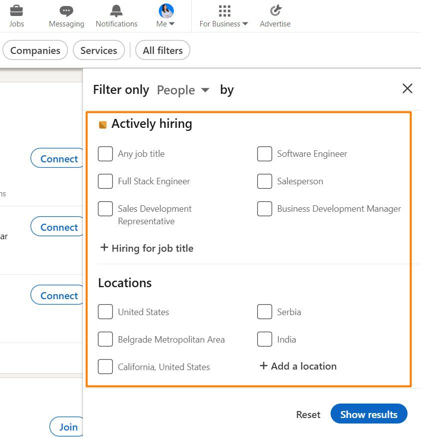 All LinkedIn filters opened