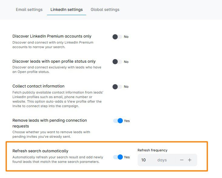 Refresh LinkedIn search option in Skylead which periodically refreshes search to add new business decision-makers as they pop up