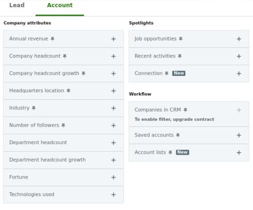 A screenshot of all Sales Navigator account filters