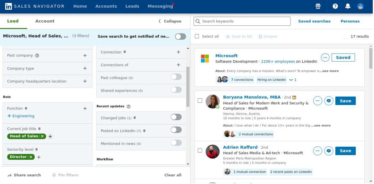 A screenshot of Sales Navigator search with lead filters applied