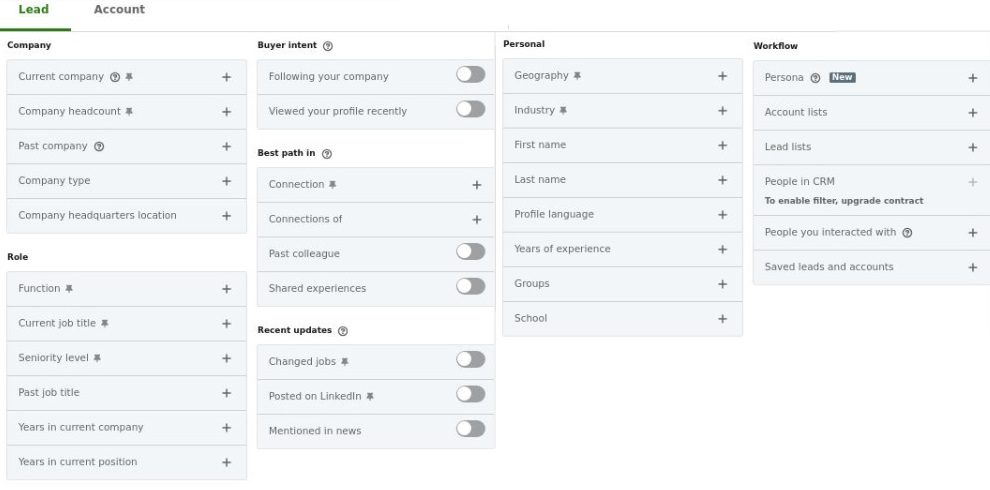 A screenshot of all Sales Navigator lead filters