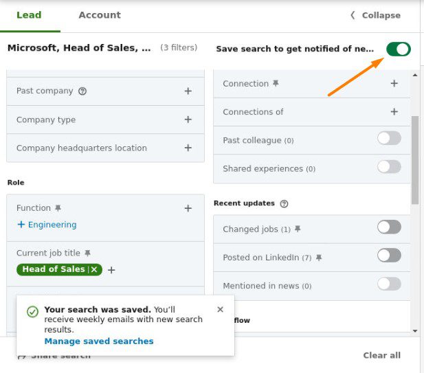 Save search button in Sales Navigator filters