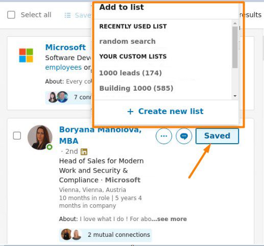 A screenshot showing how to save business decision-makers to a lead list