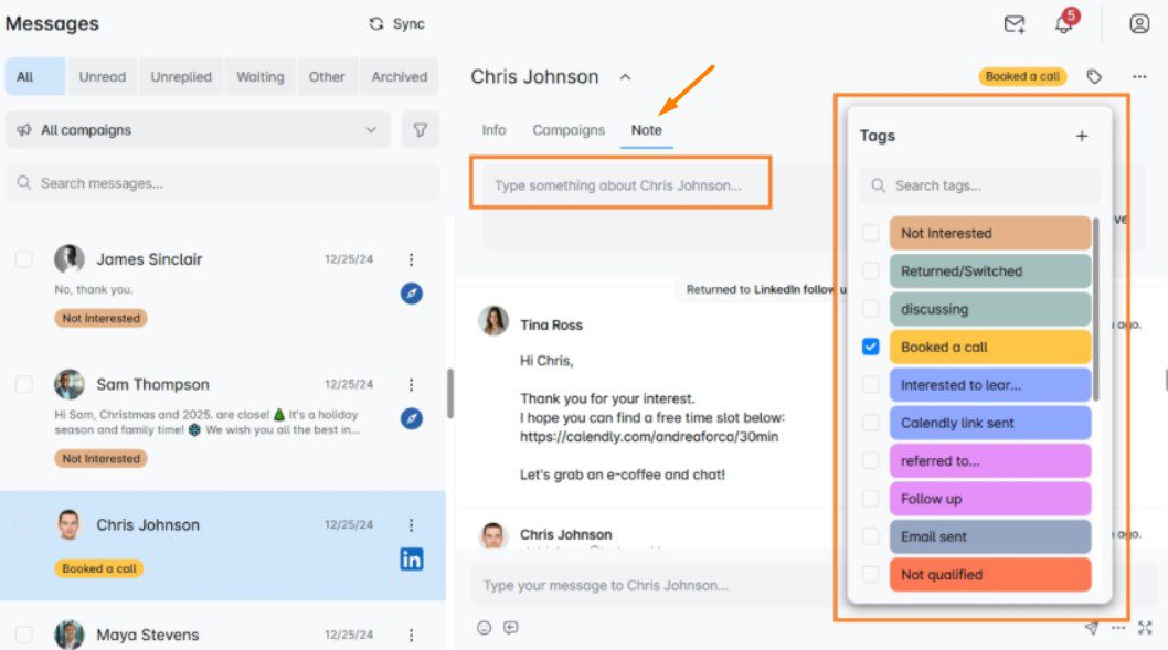 Smart inbox in Skylead where you can track business decision-makers' replies and reply to messages