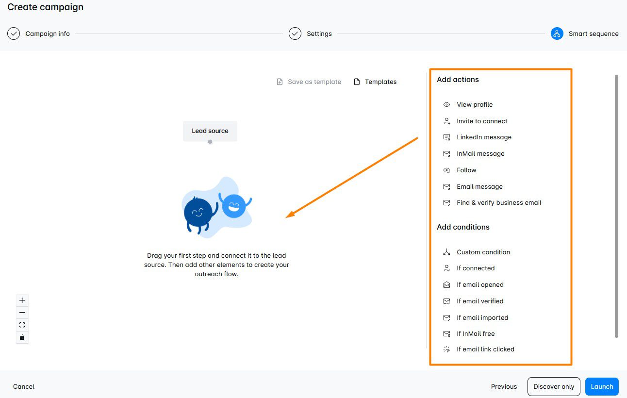 Campaign builder in Skylead with LinkedIn and email actions and conditions