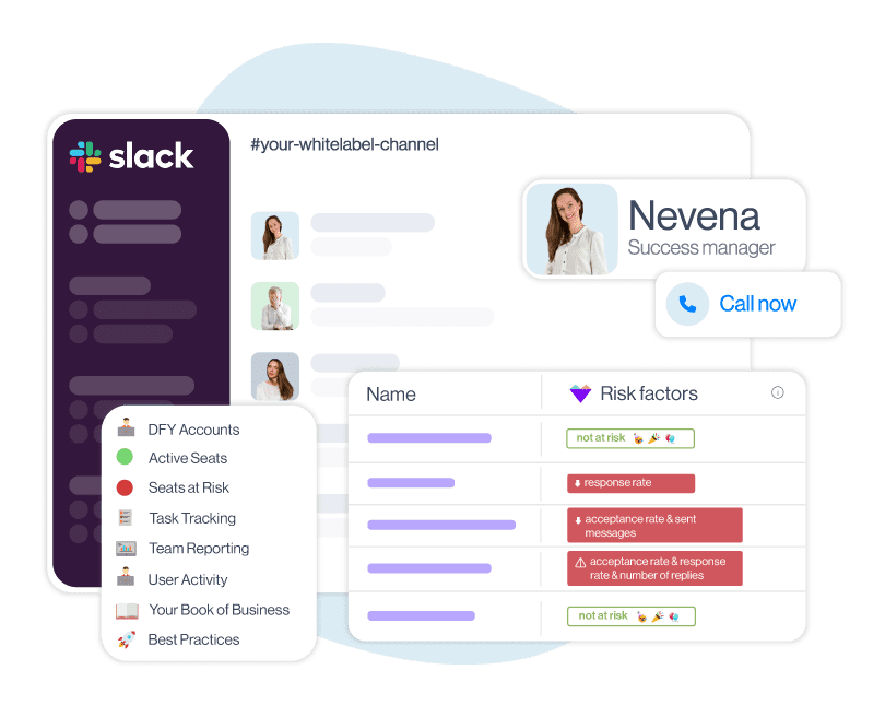 Image of performance reports and Slack calls benefits for white label
