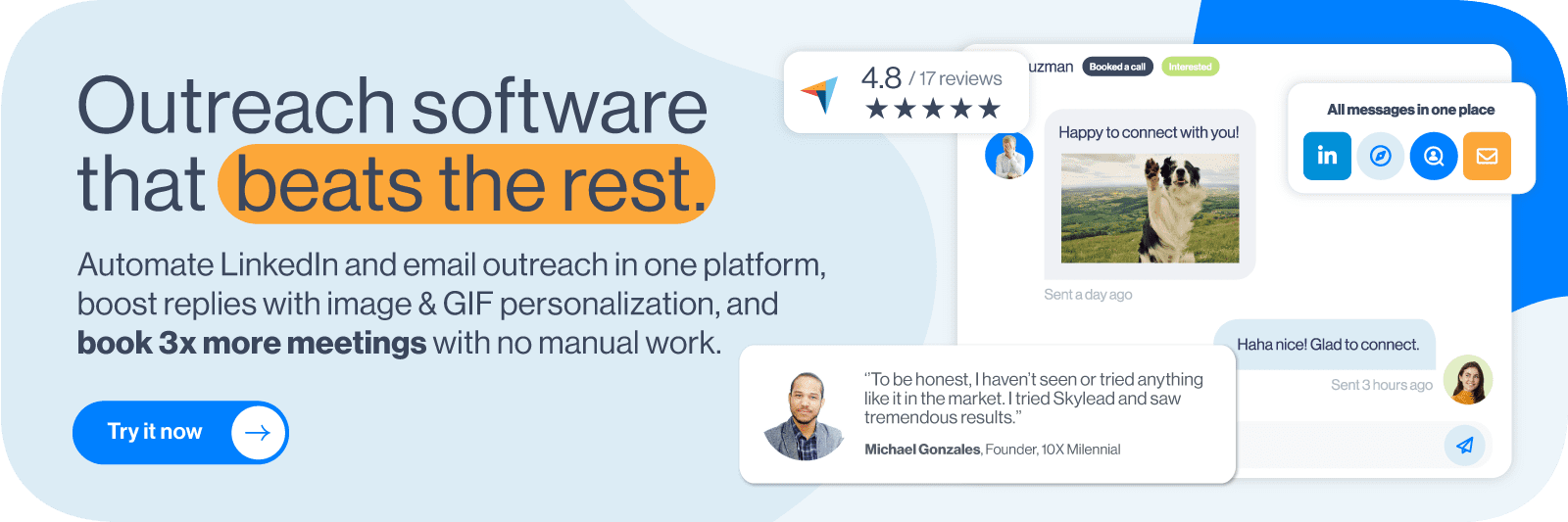 Image of Free Trial CTA banner featuring Smart Inbox, image & GIF personalization, and a testimonial from a satisfied user, with text "Outreach software that beats the rest."