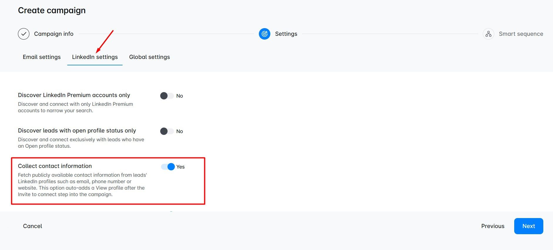 An image showing the option to collect contact information from LinkedIn in Skylead