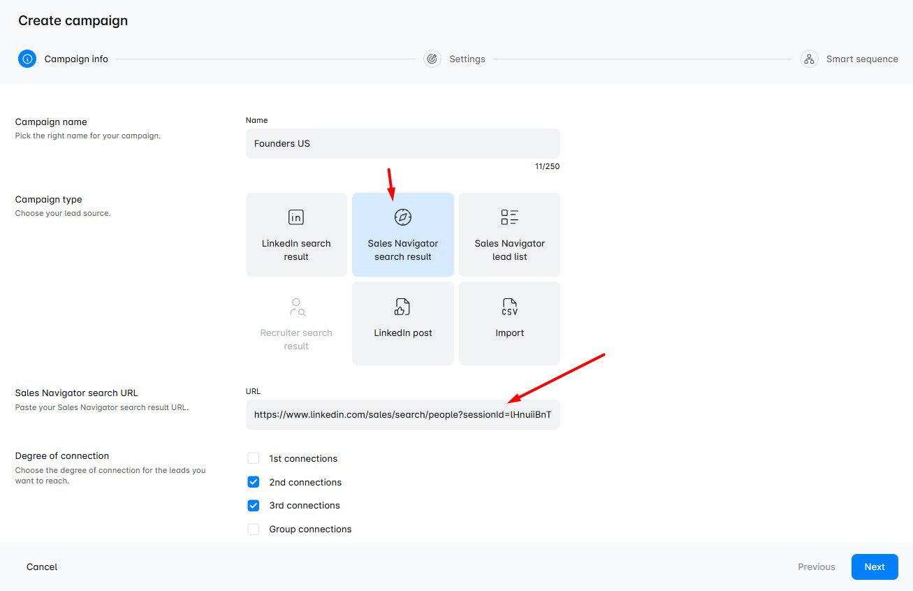An image showing how to create an outreach campaign from Sales Navigator search using Skylead
