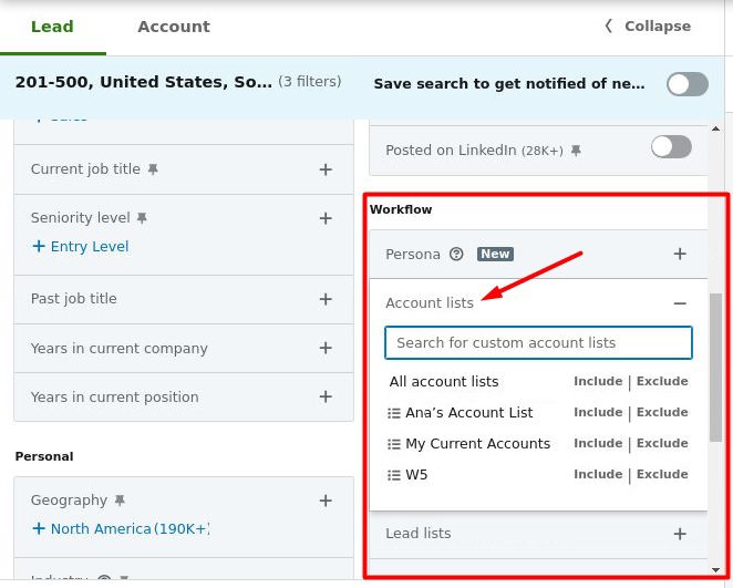 An image showing how to combine saved accounts with lead filters in Sales Navigator
