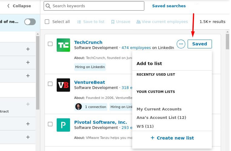 An image showing how to save an account to an account list in Sales Navigator