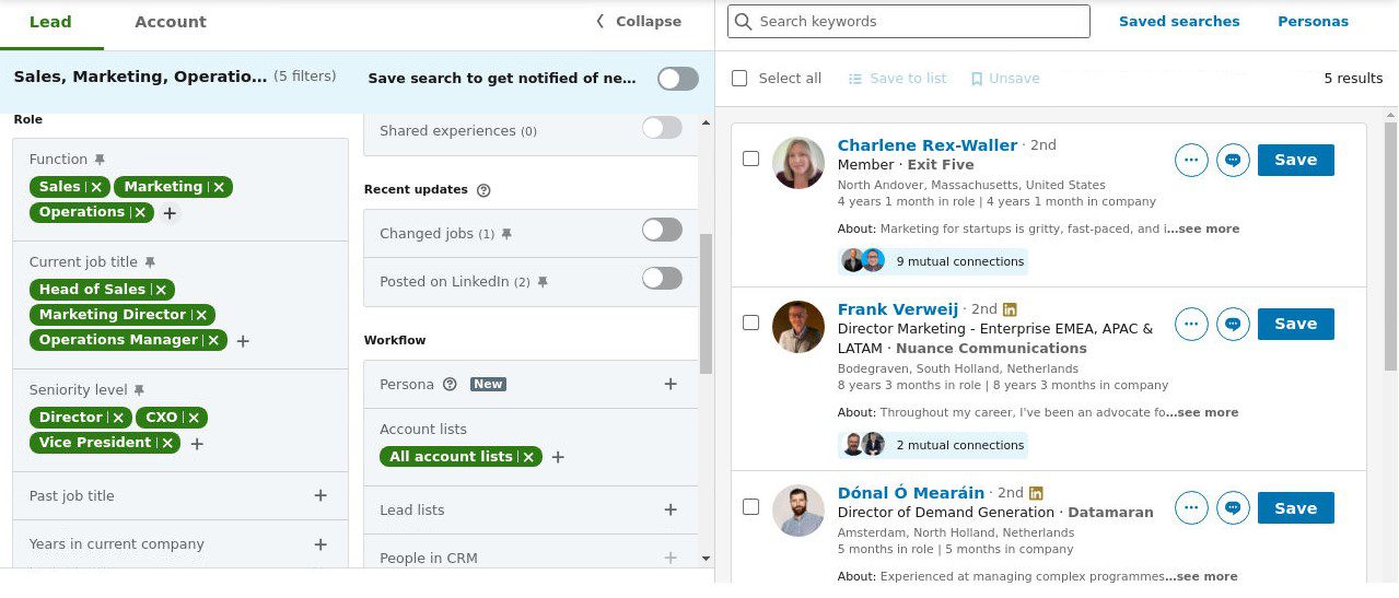 Lead filters applied in Sales Navigator