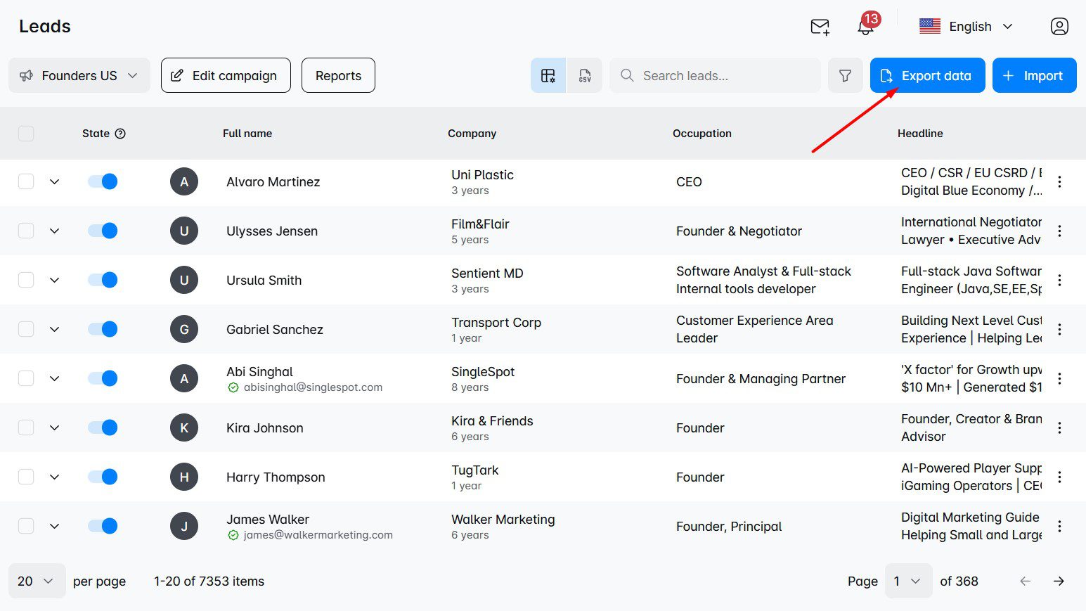 Exports data button in Skylead which lets you download a prospecting list you can enrich further.