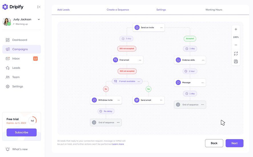 Top sales outreach tools, image of smart sequences in Dripify