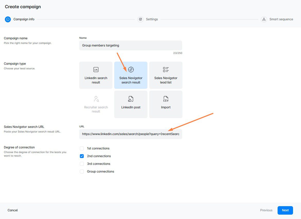 Group members targeting from Sales Navigator search URL in Skylead