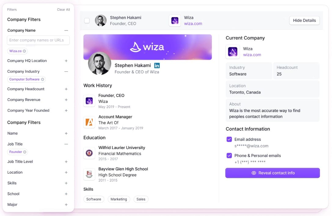 The interface of Wiza and its functionalities at a glance