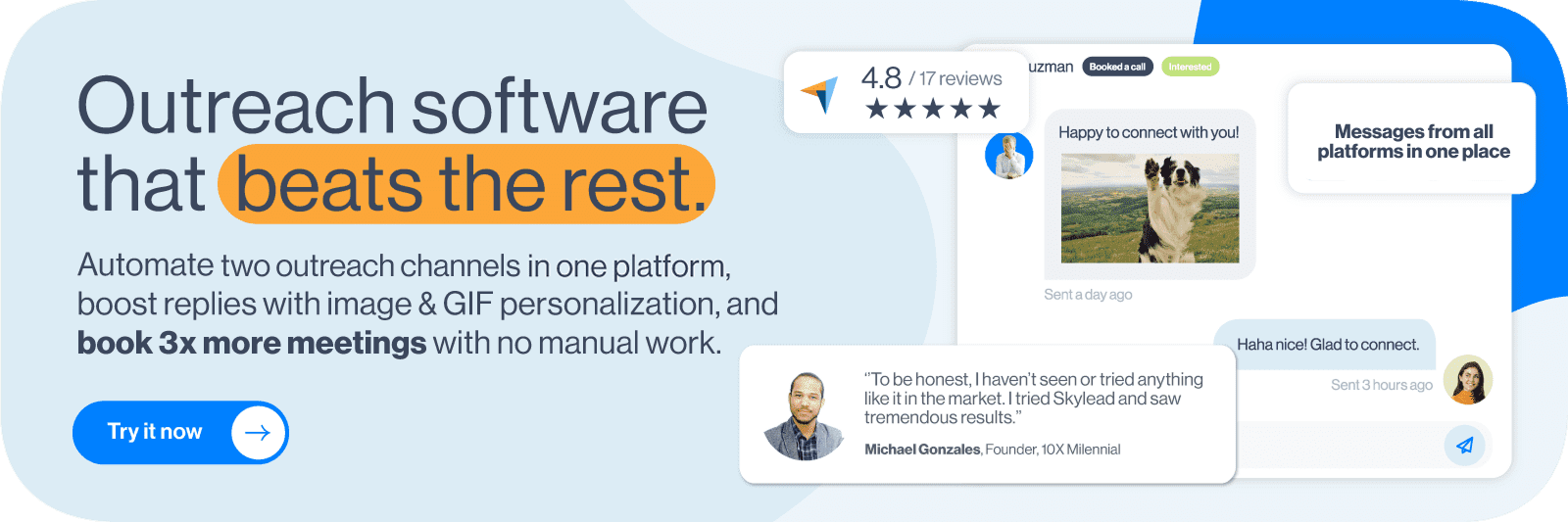 Image of Free Trial CTA banner featuring Smart Inbox, image & GIF personalization, and a testimonial from a satisfied user, with text "Outreach software that beats the rest."