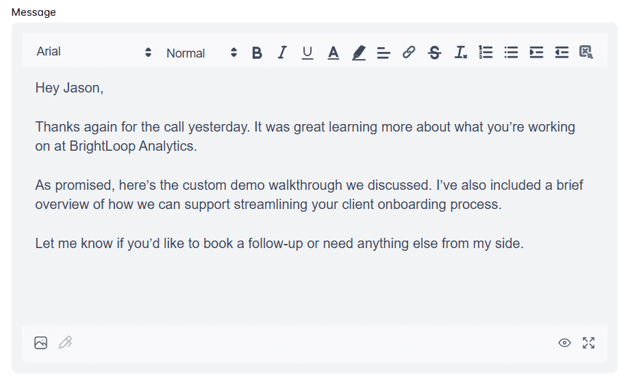 An example of a LinkedIn follow up message after a sales call/demo