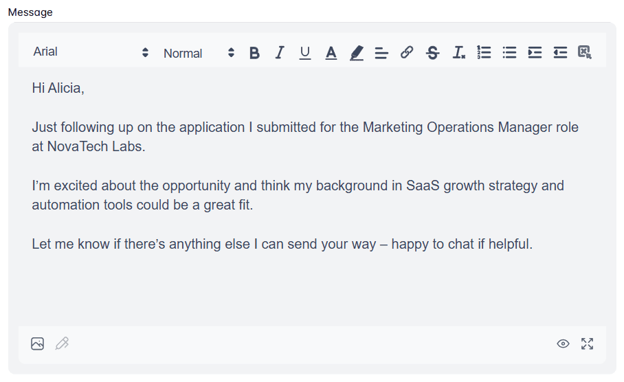 An example of a LinkedIn follow up message after sending an application/resume
