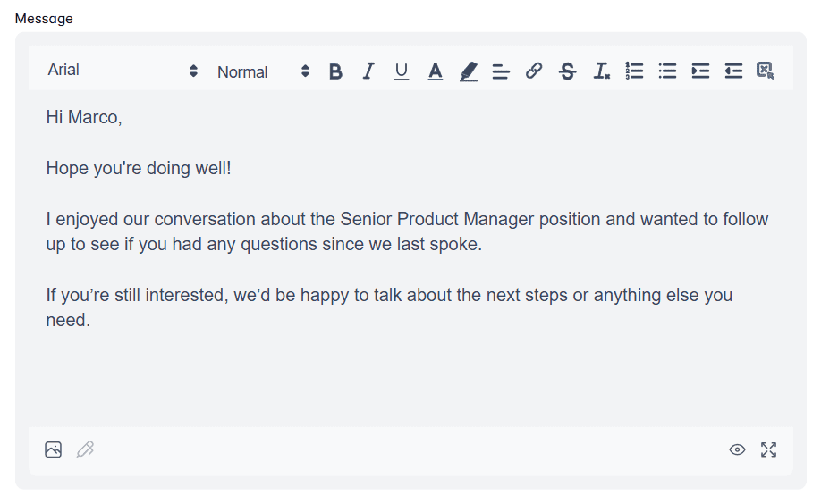 An example of a LinkedIn follow up message to a candidate