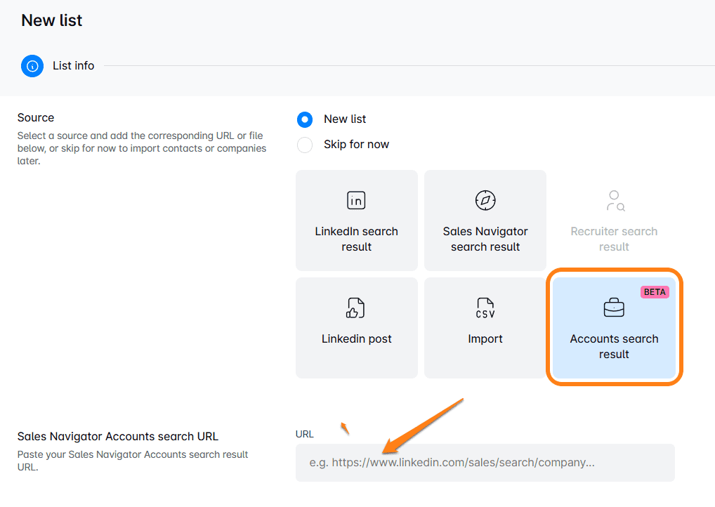 Pasting Search Navigator URL into Skylead for account-based propsecting