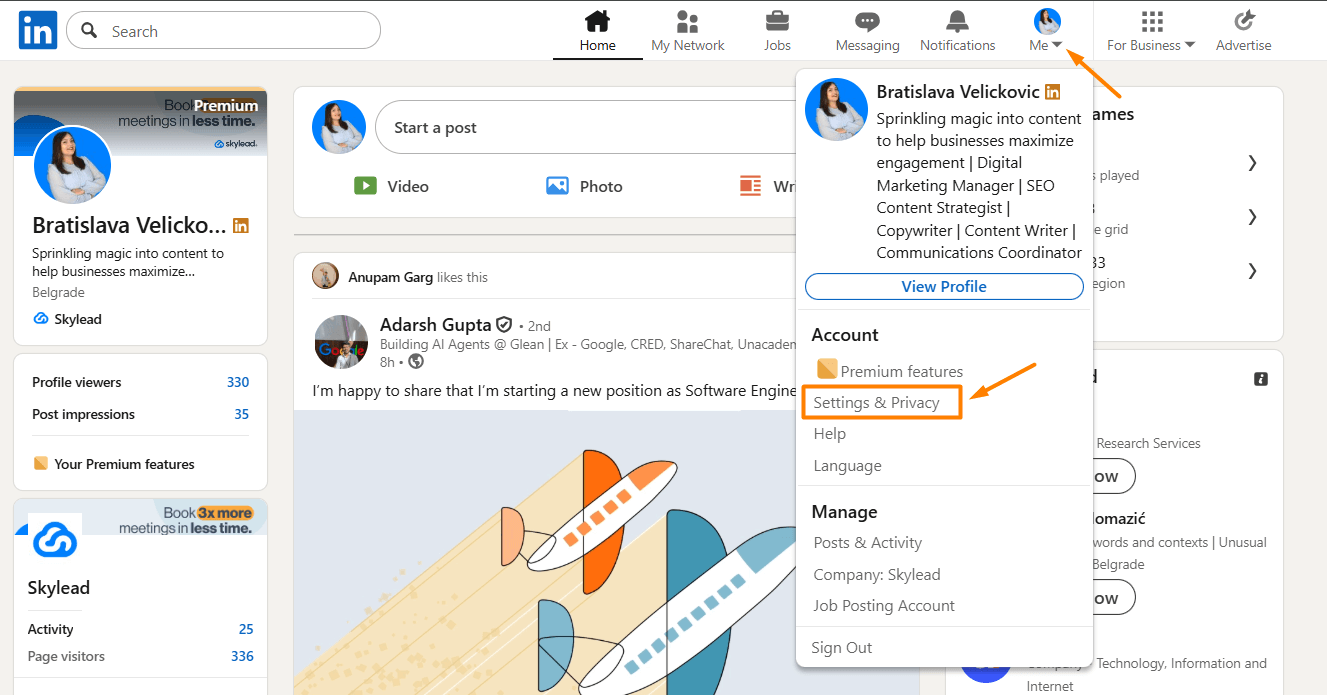 Settings and privacy button highlighted on LinkedIn