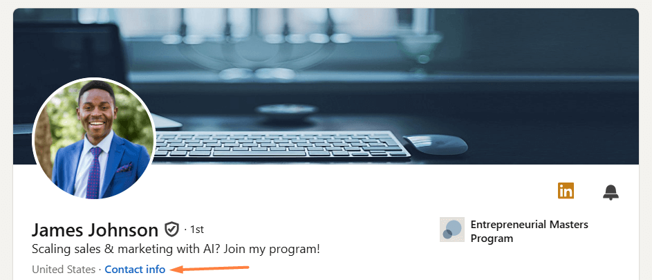 A LinkedIn profile with a contact info button highlighted