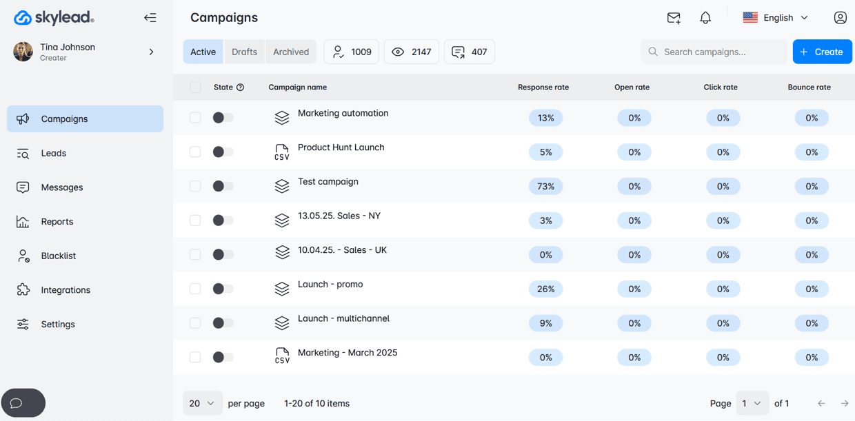 Skylead dashboard