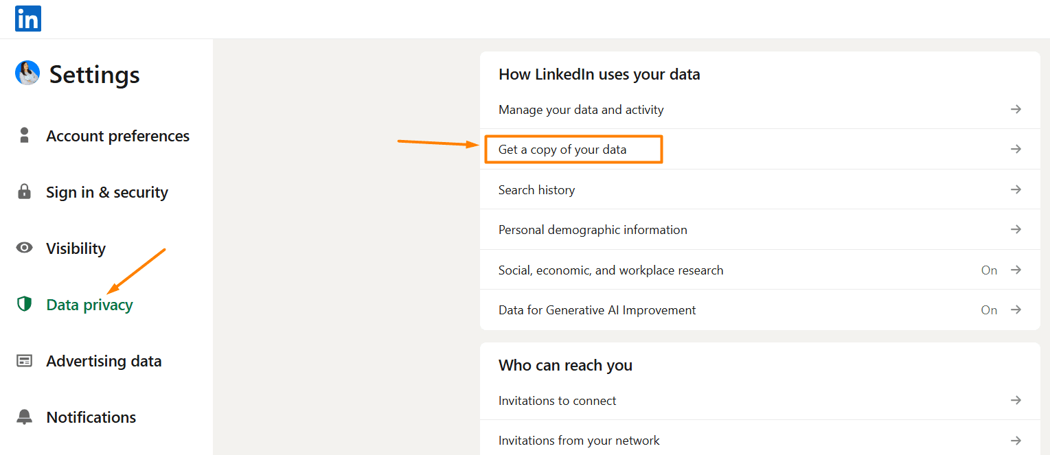 Gey a copy of your data button highlighted on LinkedIn
