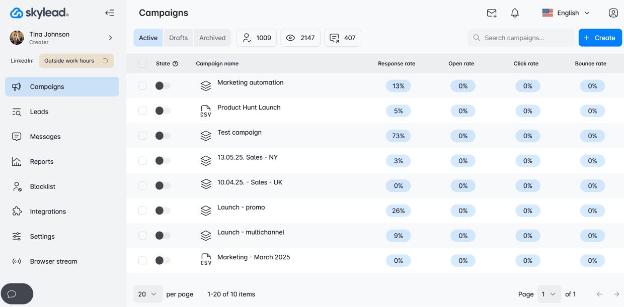 Skylead dashboard