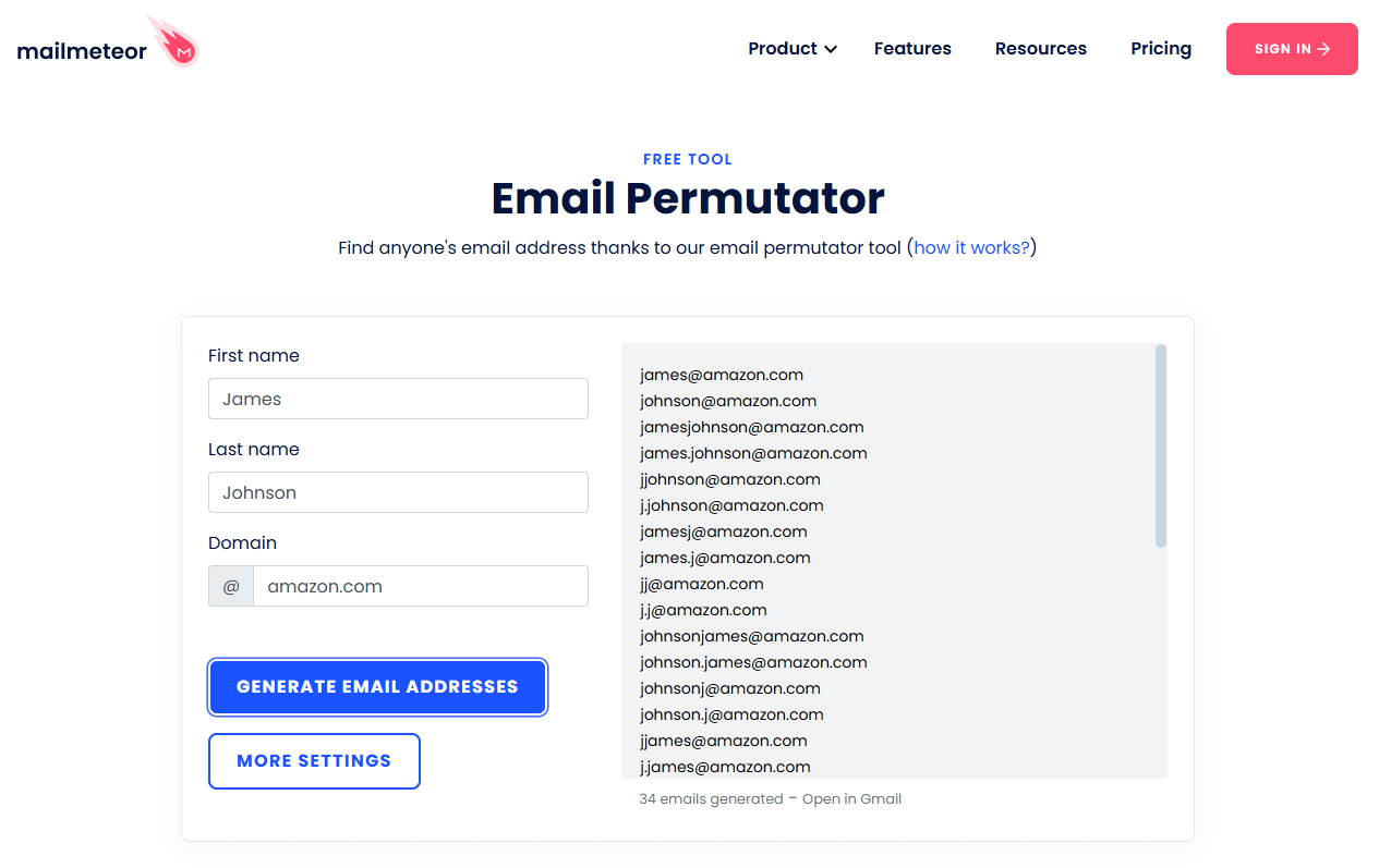 Email permutator by Mailmeteor